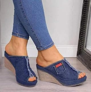 2021 Denim Platform Wedges Women's Sandals Flat-Heeled Fish Mouth Sandals Thick Bottom Slippers