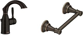 Moen 84144BRB Sarona One-Handle Single Hole Rustic Farmouse Bathroom Sink Faucet with Optional Deckplate,Mediterranean Bronze,3/8 Inches & DN7908BRB Ashville Pivoting Paper Holder,Mediterranean Bronze