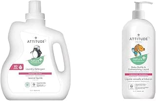 ATTITUDE Laundry Detergent for Baby Apparel, Plant and Mineral-Based Formula, 80 Loads, 2 Liters & Baby Dish Soap, Plant-Based Dish Liquid, Extra Gentle on Sensitive Skin,1 Liter
