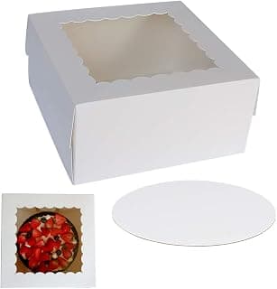 ZMYBCPACK 10" x 10" x 5" Cake Boxes with Window & 10" Round Cake Boards(10 Pack of Each), Paperboard Cake Baker Box for Bakery, Cakes, Pastries