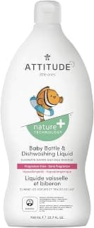 ATTITUDE Baby Bottle and Dishwashing Liquid, EWG Verified, No Added Dyes or Fragrances, Tough on Milk Residue and Grease, Vegan and Cruelty-free, Unscented, 700 mL