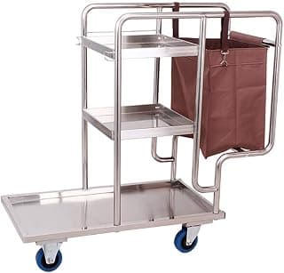 Movable Trolleys, Household Serving Cart Commercial Stainless Steel Cleaning Cart with Silent Wheels, Multifunction Hotel Service Trolley with Bag