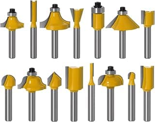 welltop 15 Piece Router Bit Set, 1/4-Inch Shank, Tungsten Carbide Router Bits, Fits Edging, Trimming, Veining and Grooving in All Woodworking Projects for Commercial Users and Beginners, Yellow