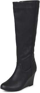 Womens Regular and Wide Calf Round Toe Faux Leather Mid-Calf Wedg.