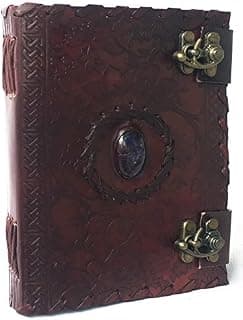 Handmade Embossed Blue Stone Leather Journal Notebook Refillable Sketchbook with 2 Latches, Lace Edging Diary by Cuero