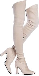 Women Stretch Suede Chunky Heel Thigh High Over The Knee Boots
