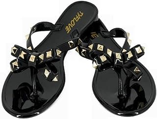 Women Rivet Flip Flops Studded Jelly Thong Sandals with Bow Summer Bowtie Flat Beach Rain Shoes