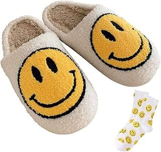 Men Women Retro round smiley face fashion soft plush comfy warm slip-on slippers