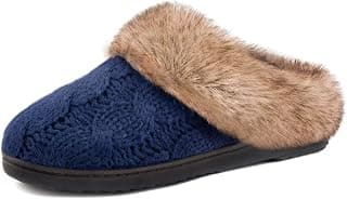 Women's Yarn Cable Knit Slippers Memory Foam Anti-Skid Indoor/Outdoor House Shoes w/Faux Fur Collar