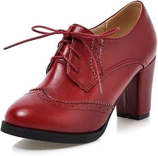 Women's Leather Oxfords Cuban Brogues Wingtip Lace-up Block High Heel Saddle Shoes, Perforated Stacked Heel Pumps Flats Dress Shoes