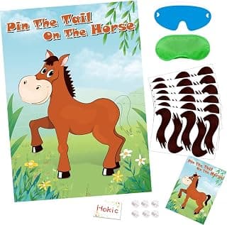 Hooqict Pin The Tail On The Horse Game for Kids Birthday Party Games Horse Theme Birthday Party Supplies for Girls Boys, Large Horse Poster with 30 Tail Stickers Horse Party Favors