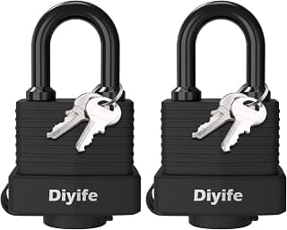 Padlock with Key, [2 Pack] [4 Keys] Diyife Waterproof Lock Key Padlocks Outdoor, 40mm Heavy Duty Padlocks Anticut, Laminated Steel for School, Gym Locker, Garage, Fence, Shed, Yard