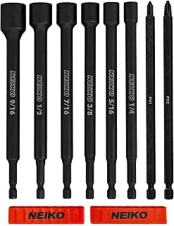 NEIKO 10067A Magnetic Impact Nut Driver and Power Bit Tool Set | 8 Pieces, SAE | 6 Inches | Shank Nut Driver Bits Setters | Magnetic Tip Sockets | 1/4 Inch Hex Shank