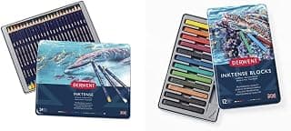 Derwent Inktense Pencils, 4mm Core, Metal Tin, Assorted Colors, 24 Count (0700929) & Inktense Blocks, 4mm Core, Metal Tin, 12 Count (2300442)