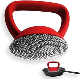 mimagogo S9A Cast Iron Scrubber 316 Stainless Steel Cast Iron Scrubber with Handle Steel Wool Scrubber Round Chainmail Scrubber Brush to Clean Cookware Frying Pans Bakeware Grills