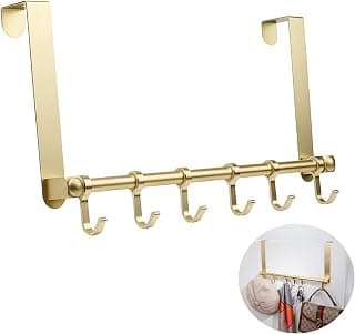 Over The Door Hook - Space Aluminum Over Door Hanger with 6 Hooks for Clothes Towels Coats Bags, Gold Over The Door Rack for Living Room, Bathroom, Bedroom