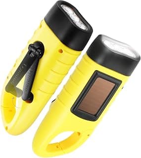 GeeRic 2-Pack Hand Crank Solar Powered Flashlight, Emergency Rechargeable LED Flashlight, Survival Flashlight, Quick Snap Carabiner Dynamo Flashlight Torch for Outdoor Sports, Yellown+Yellow