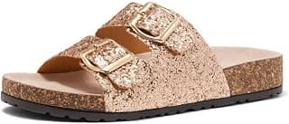 Womens Softey Cork Footbed Slides Two Straps Adjustable Buckled Flat Sandals Slip On Summer Walking Shoes