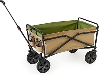 Seina Heavy Duty Steel Compact Collapsible Folding Outdoor Portable Utility Cart Wagon w/All Terrain Rubber Wheels and 150 Pound Capacity, Khaki/Green