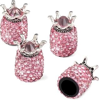 Valve Stem Caps, Car Wheel Tire Valve, 4 Pack Handmade Crown Crystal Rhinestone Car Stem Air Caps Cover, Attractive Dustproof Bling Car Accessories, Universal for Most Vehicles (B-Pink)