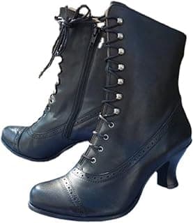 Women Victorian Boots Costume Steampunk Boots Lace Heels Cosplay Demonia Knee High Boots Goth Boots Black Mid Calf Boots Mid Heels