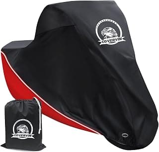 COVERVIN Motorcycle Cover Waterproof Outdoor Storage Bag All Weather Motorcycle Protection Waterproof and Sunproof Outdoor Protection 91 Inch for Harley Davidson Honda Suzuki Kawasaki Yamaha with Reflective Strips Locking Holes Ventilation Holes (L Black&Red).