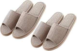 2 Pairs Womens Indoor House Slippers Summer Linen Home Shoes Open Toe Slip on Cotton House Slippers Hotel Slippers Beige 26cm
