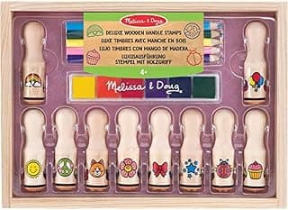 Melissa & Doug Deluxe Happy Handle Stamp Set With 10 Stamps, 5 Colored Pencils, and 6-Color Washable Ink Pad