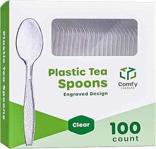 [100 Pack] Heavyweight Disposable Clear Tea Spoons - Engraved Design…