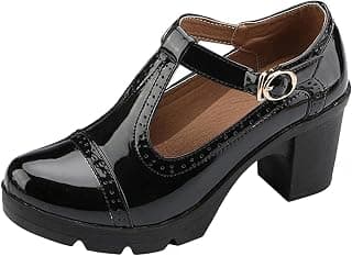 Women's British Style T-Bar Platform Brogue Dress Shoes Chunky Mid-Heel Oxfords Lady Work Shoes