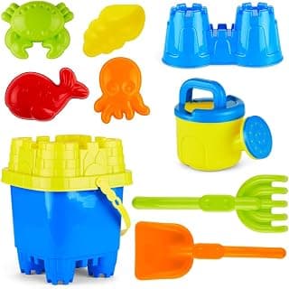PREXTEX 10 Piece Beach Toys Sand Toys Set for Kids, Bucket with Sifter, Shovel, Rake, Watering Can, 5 Animal and Castle Sand Molds for Kids & Toddlers