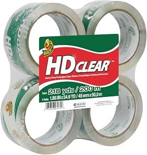 Duck Brand HD Clear High Performance Packaging Tape, 1.88-Inch x 54.6-Yard Roll, Crystal Clear, 4 Rolls (240378)