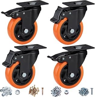 Casters, 4" Caster Wheels，Casters Set of 4 Heavy Duty - ASRINIEY Orange Polyurethane Castors, Top Plate Swivel Wheels, 4-Pack Industrial Casters with Brake, Locking Casters for Furniture and Workbench