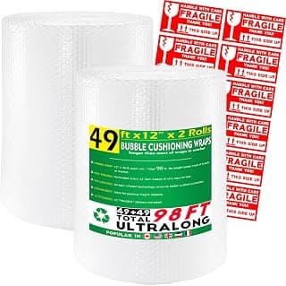 2 Pack 12 Inch X 49 Ft Bubble Wrap Roll for Packing, Perforated Every 12, Ideal for Moving Boxes, Shipping Fragile Objects, Cushion Suppliers, Clear, 98 Ft in Total