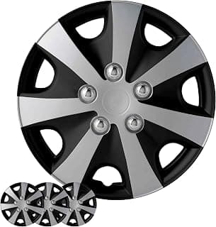 Wheel Cover Kit, 15 Inch Hubcaps Set of 4 Automotive Hub Caps with Universal Snap-On Retention Rings, 2-Tone ABS Plastic Black and Silver Rim Covers for All Makes, Models (SG-5051-DP-15)