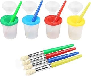 LEADSTAR Spill Proof Paint Cups, 4 No Spill Paint Cups Set with Colored Lids and Round Brushes,Art Supply Drawing Tool Set for Children Toddlers Beginners