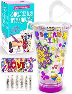 Purple Ladybug Color Your Own Tumbler with Straw for Kids Smoothie Cups - Unique Birthday Girls Gifts 6-8 Years Old & 10 Year Old Girl Gift Ideas - Fun DIY Activities Arts and Crafts for Kids Age 8-10
