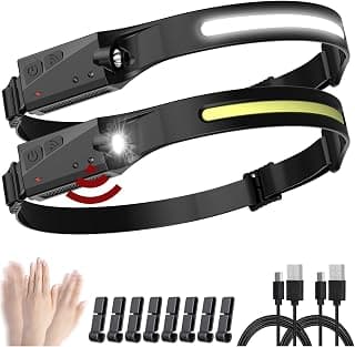 KIDECCE Rechargeable Headlamp 2 Packs,LED Headlamp Motion Sensor 350 Lumen 6 Modes,230°WideBeam Lampe frontale,IPX6 Waterproof 0.14lb Lightweight Headlight, LED Flashlights for Running,Fishing,Hiking