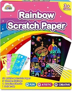 ZMLM Scratch Paper Art Set, 60 Pcs Rainbow Magic Scratch Paper for Kids Black Scratch it Off Art Crafts Kits Notes Sheet with 5 Wooden Stylus for Girl Boy Halloween Party Game Christmas Birthday Gift