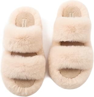 Womens Fluffy Faux Fur Slippers Comfy Open Toe Two Band Slides with Fleece Lining and Rubber Sole