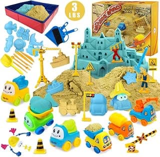 Play Construction Sand Kit - 3lbs Sand with 2 Colors, 6 Mini Construction Trucks, Construction Toys and Signs, Animal Mold, Modeling Tools, Foldable Sandbox with Clean Set Gifts for Boys Girls