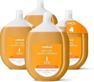 Method Liquid Dish Soap Refill, Plant-Based Dishwashing Liquid that Cuts Through Tough Grease for a Sparkling Clean, Clementine Scent, 1.6 Liter Jugs, 4 Pack (6.4 Total Liters), Orange