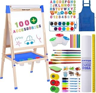 Blue Squid Art Easel for Kids - 100+ Accessories Double Sided Wooden Kids Easel Drawing Board with Magnetic Chalkboard, Dry Erase White Board & Paper Roll Paint Art Set for Kids Toddlers 2-4 4-8 9-12