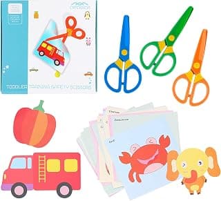 Plastic Safety Scissors, Toddlers Training Scissors, Pre-School Training Scissors and Offices Scissors (3pcs) Kids Paper-Cut (60 Sheets)