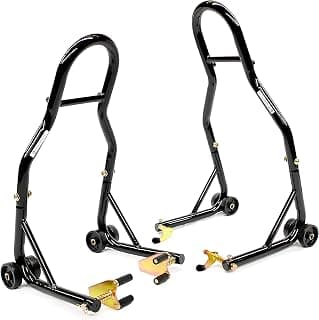 Venom Motorcycle Stand Lift, Front & Rear Combo, Universal Paddock Lift Stand, Front Wheel Fork Stand Rear Wheel Swingarm Spool Stand, Compatible With Most Yamaha Honda Kawasaki Suzuki BMW Motorcycles