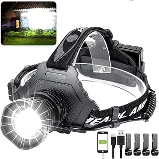 LED Rechargeable Headlamp 90000 High Lumen, XPH70 Brightest LED Work Headlight Zoomable, Waterproof, 90° Adjustable, 5 Modes Lightweight Head Lamp for Adult Camping, Hard Hat, Hunting