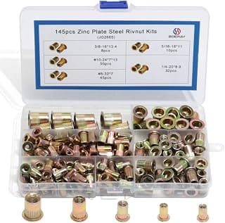 boeray 145pcs #10-24#8-32 1/4-20 5/16-18 3/8-16 Yellow Zinc Plated Finish Carbon Steel Rivnut Flat Head Threaded Rivet Nut Insert Nutsert Cap Rivet Assortment kit