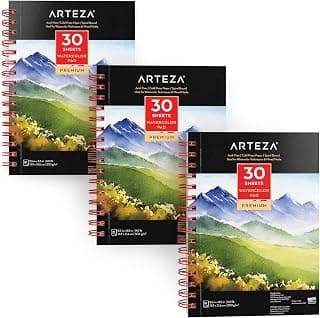 ARTEZA Watercolor Pad, Pack of 3, 5.5x8.5", 90 Sheets, 140lb/300gsm, Cold Press, Acid-Free, Art Supplies for Watercolor Techniques and Mixed Media