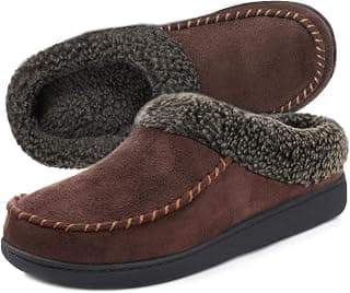 Men's Cozy Memory Foam Moccasin Suede Slippers with Fuzzy Plush Wool-Like Lining, Slip on Mules Clogs House Shoes with Indoor Outdoor Anti-Skid Rubber Sole