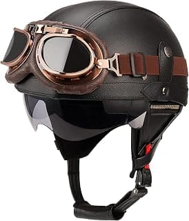 German Style Leather Motorcycle Half Helmet for Adults Men Women, DOT Approved Vintage Cap Half Face Shell Motorcycle Helmets for Cruiser Chopper+Goggles